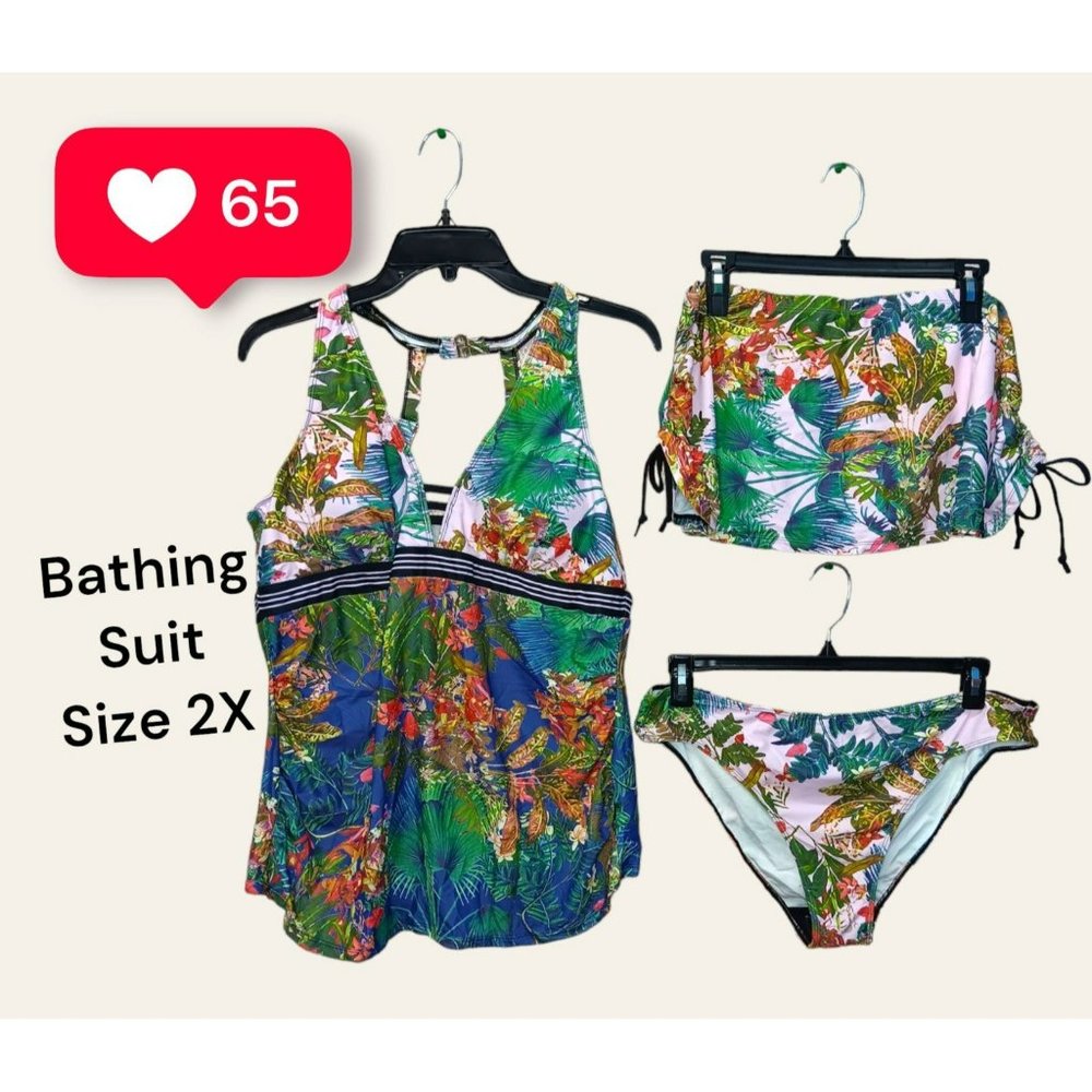 3 pc Bathing Suit Set Floral Nature Printed, Size 2X with underwear and skirt